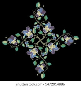 Isolated vector illustration. Ornate floral decor. Rhombus made of pansy flower branches. Viola tricolor. On black background.