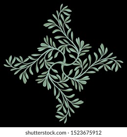 
Isolated Vector Illustration. Ornate Floral Rhombus Shape. Square Botanical Mandala With Leaf Branches. On Black Background.