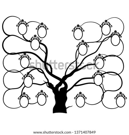 Isolated vector illustration. Ornate genealogical family tree with vintage medallions. Black silhouette on white background.