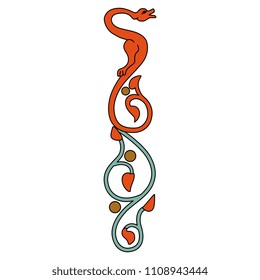 Isolated vector illustration. Ornate medieval decor. Fantastic dragon with floral swirls. Gothic illuminated manuscript motif.