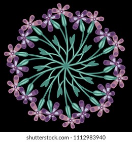 Isolated vector illustration. Ornate round floral decor or mandala. Cartoon style. On black background.