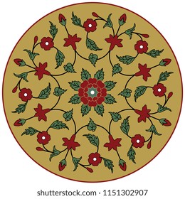 Isolated vector illustration. Ornate round floral mandala or decor in a circle. Based on Indian medieval motif.