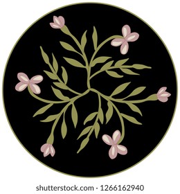 Isolated vector illustration. Ornate round floral decor. Wild flowers in a circle. Vintage style. 
