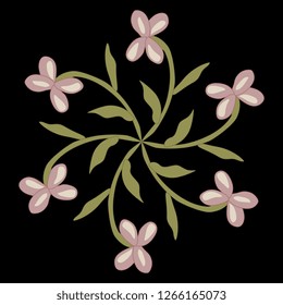Isolated vector illustration. Ornate round floral decor or mandala with stylized wild flowers. On black background.