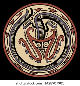 Isolated vector illustration. Ornate round decor with tribal motif. Fantastic animal. Pre Columbian art of ancient Panama. Conte Sitio Cocle culture.