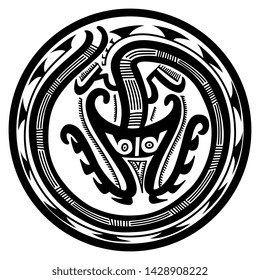 Isolated vector illustration. Ornate round decor with tribal motif. Fantastic animal. Pre Columbian art of ancient Panama. Conte Sitio Cocle culture. Black and white silhouette.