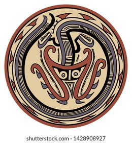 Isolated vector illustration. Ornate round decor with tribal motif. Fantastic animal. Pre Columbian art of ancient Panama. Conte Sitio Cocle culture.