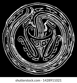 Isolated vector illustration. Ornate round decor with tribal motif. Fantastic animal. Pre Columbian art of ancient Panama. Cocle Sitio Conte culture. Hand drawn sketch. White silhouette on black.