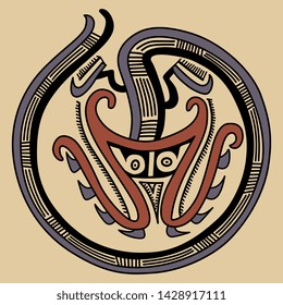 Isolated vector illustration. Ornate round decor with tribal motif. Fantastic animal. Pre Columbian art of ancient Panama. Sitio Conte or Cocle culture.