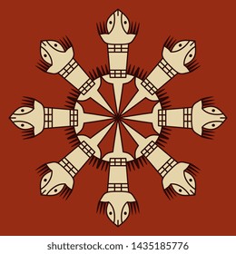 Isolated vector illustration. Ornate round decor, star or mandala with Native American animal motifs. Stylized lizard from ancient Peru.