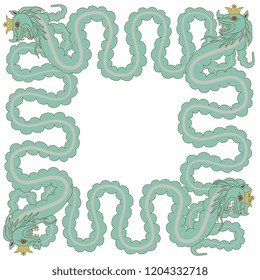 Isolated vector illustration. Ornate square decor or frame with silhouettes of fantastic crowned snakes. Based on medieval European motif. 