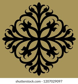 Isolated vector illustration. Ornate square decor or mandala with vintage floral motifs. Black silhouette on gold background.
