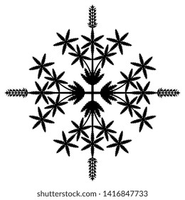 Isolated vector illustration. Ornate square floral decor with branches of hemp or cannabis plant. Black silhouette on white background.