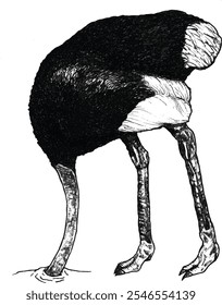 isolated vector illustration of ostrich hiding its head in the ground with black and white engraving