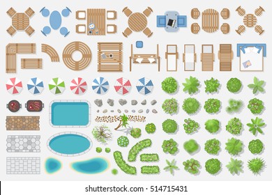 Isolated vector illustration.
Outdoor furniture and trees for landscape design. (Top view)
