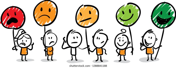 isolated vector illustration outline hand drawn doodle line art cartoon design character.
Group of people with different emotions (fun,sad,mad,like,love)