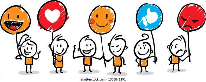 Isolated Vector Illustration Outline Hand Drawn Doodle Line Art Cartoon Design Character.
Group Of People With Different Emotions (fun,sad,mad,like,love)