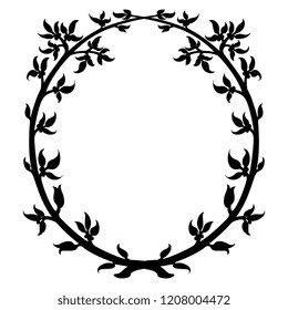 Isolated vector illustration. Oval floral frame or decor. Vintage motif with branches and berries. Black silhouette on white background.