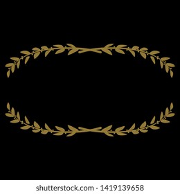 Isolated vector illustration. Oval floral decor or frame with stylized olive or laurel branches. Golden silhouette on white background.