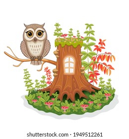 Isolated vector illustration of owl and stump, nature and forest. On a white background.