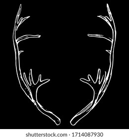 Isolated vector illustration. Pair of elk horns. Deer antlers. Symmetrical animal frame. Hand drawn linear doodle sketch. White silhouette on black background.
