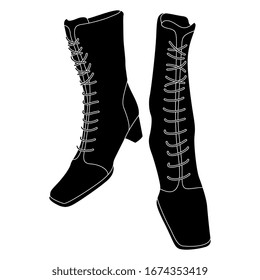 Isolated vector illustration. Pair of vintage female laced boots. Retro fashion footwear. Black and white linear silhouette.