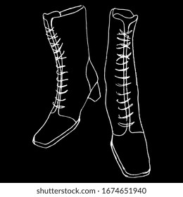 Isolated vector illustration. Pair of vintage female laced boots. Retro fashion footwear. Hand drawn linear sketch. White silhouette on black background.