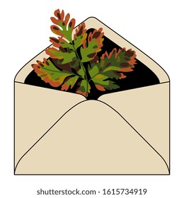 Isolated vector illustration. Paper envelope with autumn leaf inside. Seasonal decor.