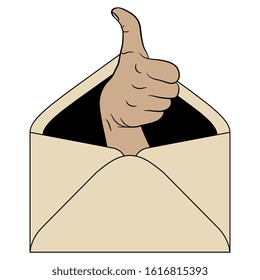 Isolated vector illustration. Paper envelope with human hand inside in encouraging gesture. Creative concept.