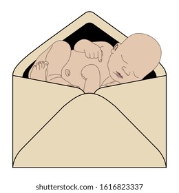 Isolated vector illustration. Paper envelope with newborn baby inside. Creative metaphor for delivery.