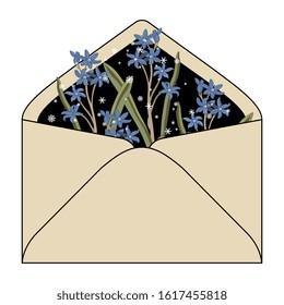 Isolated vector illustration. Paper envelope with branches of Siberian Squill (Scilla siberica) flowers and snowflakes. Seasonal greeting.