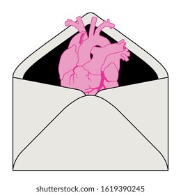 Isolated vector illustration. Paper envelope with human heart inside. Romantic message.