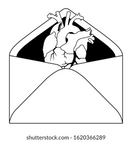 Isolated vector illustration. Paper envelope with human heart inside. Romantic message. Black and white silhouette.