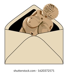 Isolated vector illustration  Paper envelope and Venus Willendorf figurine inside  Funny creative concept 