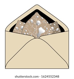Isolated vector illustration. Paper envelope with dry autumn leaves inside covered with ice or water drops.