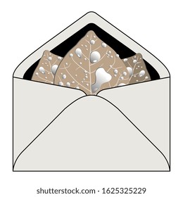 Isolated vector illustration. Paper envelope with dry autumn leaves inside covered with ice or water drops.