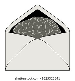 Isolated vector illustration. Paper envelope with human brains inside. Monochrome silhouette. Creative concept.