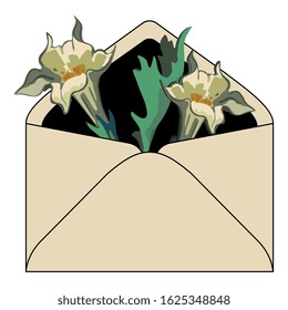 Isolated vector illustration. Paper envelope with datura flowers inside. Thorn apple. Jimson weed. Datura stramonium.