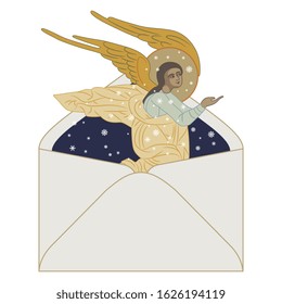 Isolated vector illustration. paper envelope with flying vintage angel inside and snowflakes. Cute Christmas greeting.