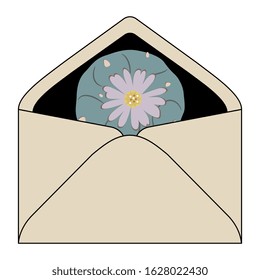 Isolated vector illustration. Paper envelope with lophophora cactus (peyote) inside.