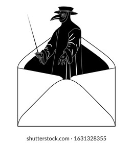 Isolated vector illustration. Paper envelope with plague doctor inside. News about epidemic or virus. Black and white silhouette.