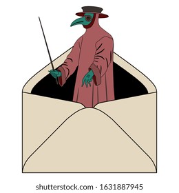 
Isolated vector illustration. Paper envelope with plague doctor inside. News about epidemic or virus.