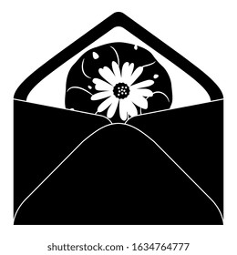 Isolated vector illustration. Paper envelope with lophophora cactus (peyote) inside. Black and white silhouette.