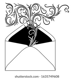 Isolated vector illustration. Paper envelope with beautiful smoke or vapor emerging from it. Black and white silhouette.