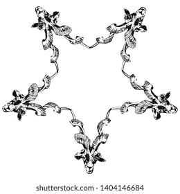 
Isolated vector illustration. Pentagram or five pointed star made of goat heads. Hand drawn ink sketch. Black silhouette on white background. Decorative frame or mandala.