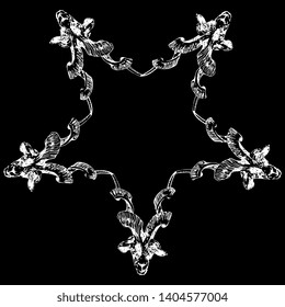 Isolated vector illustration. Pentagram or five pointed star made of goat heads. Hand drawn ink sketch. White silhouette on black background. Decorative frame or mandala.