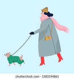 Isolated vector illustration of people wearing warm winter clothes. Woman wearing coat and walking a dog. Happy winter activities. Warmly dressed person. Isolated vector illustration in cartoon style