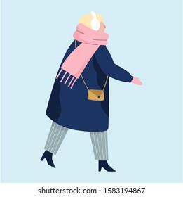 Isolated vector illustration of people wearing warm winter clothes. Woman wearing a coat and headphones. Warmly dressed person. Isolated vector illustration in cartoon style