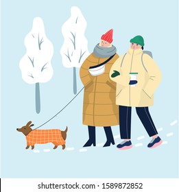 Isolated vector illustration of people wearing warm winter clothes. Woman and man, wearing coat and walking a dog. Happy winter activities. Warmly dressed couple. Isolated vector illustration