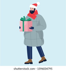 Isolated vector illustration of people wearing warm winter clothes. Happy winter activities, Christmas celebration. Warmly dressed man holding Christmas present